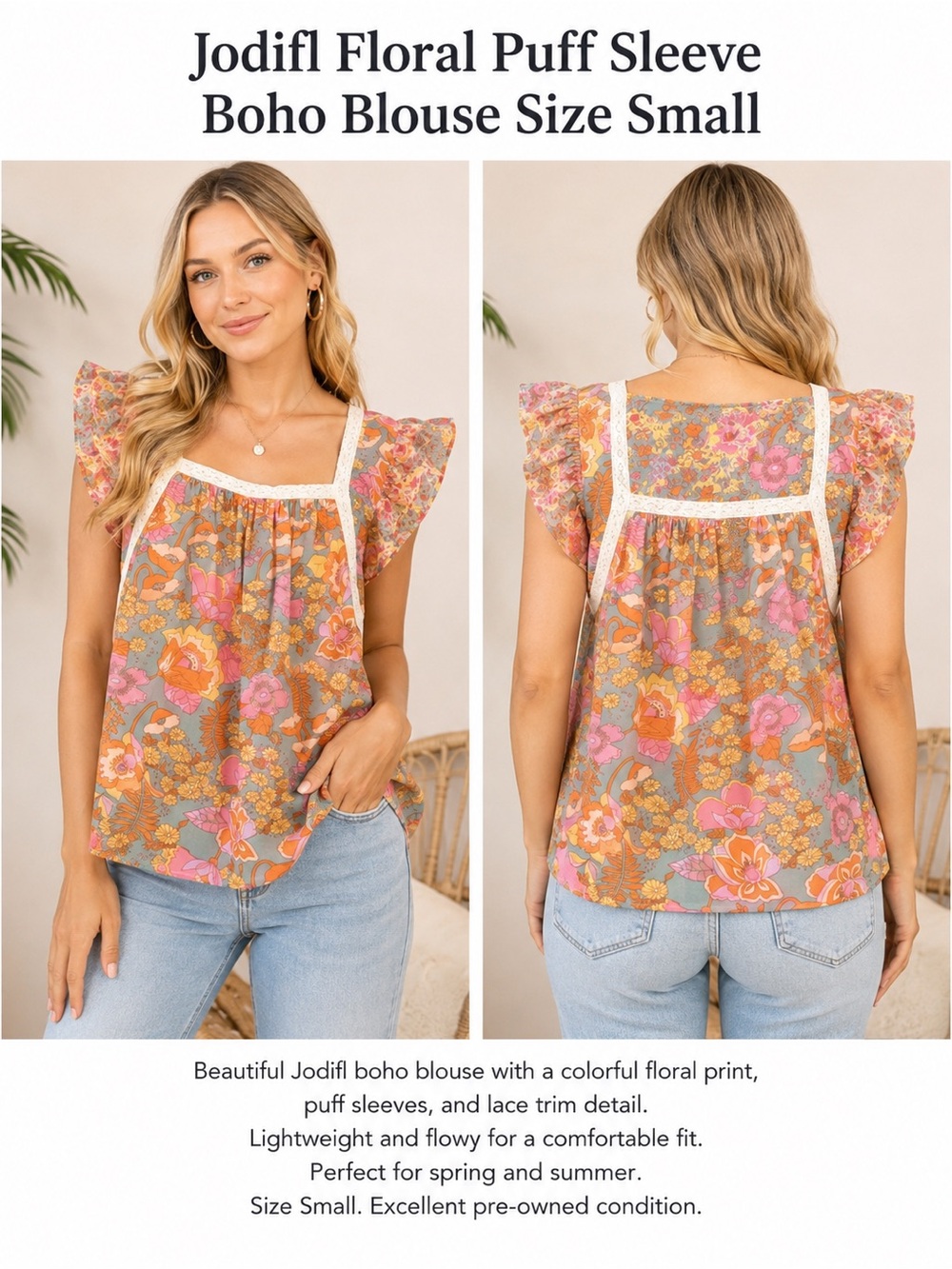 ifl Floral Puff Sleeve Boho Blouse Size Small